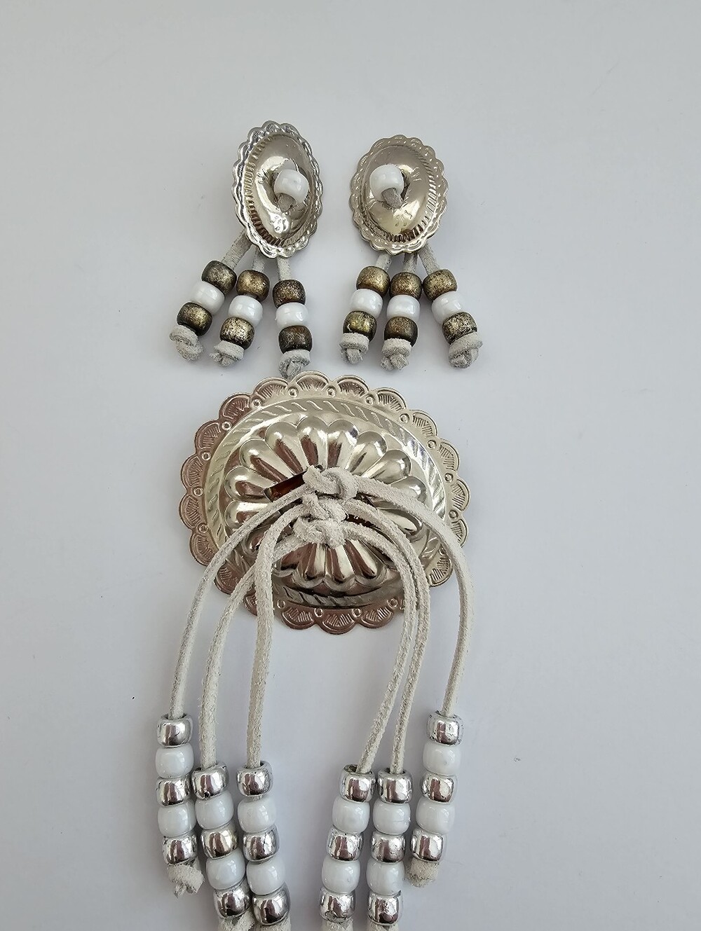 Southwestern Silver-Tone Concho Leather Fringe & Beaded Brooch & Post Earrings